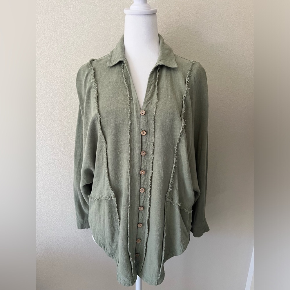 Listicle McClure Button Down Long Sleeve  Blouse Rayon/linen Blend Olive Green S